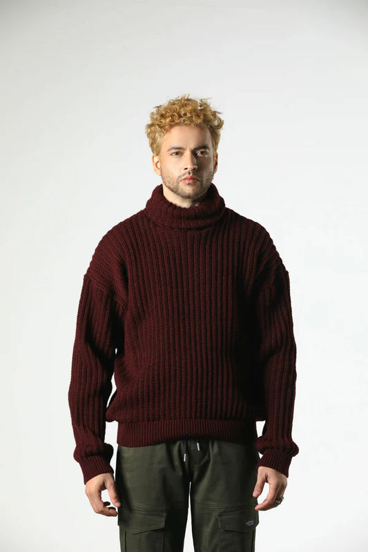 HIGH NECK KNIT SWEATER (RED-WINE)