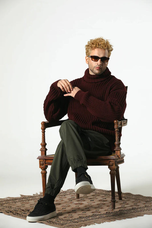 HIGH NECK KNIT SWEATER (RED-WINE)