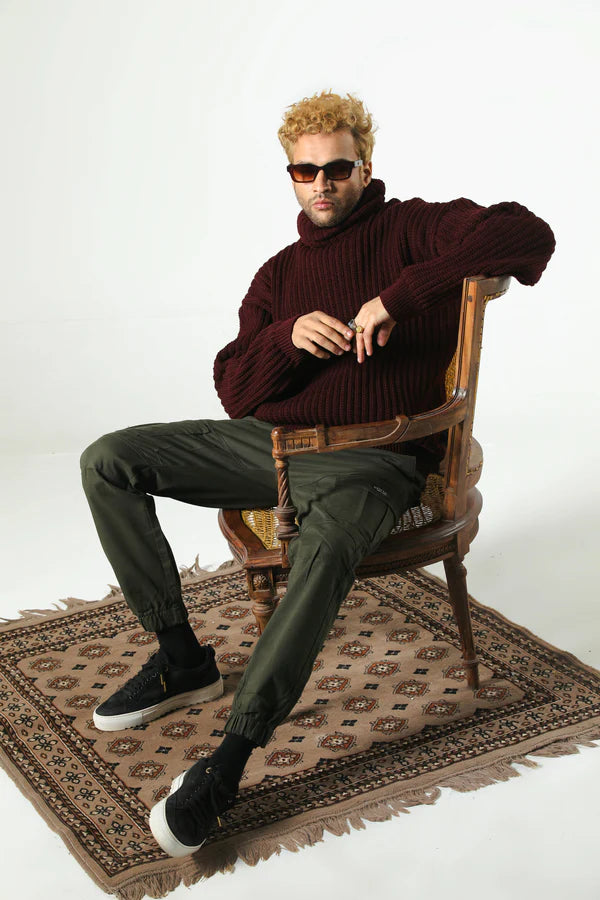 HIGH NECK KNIT SWEATER (RED-WINE)